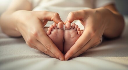 Hands framing tiny baby feet in a heart shape on a soft, white blanket