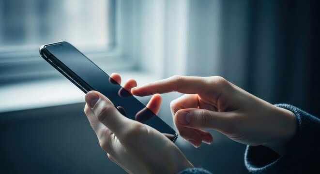 Hands tap a smartphone in front of a window, backlit by natural daylight