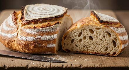 Freshly baked sourdough bread loaf on wood board