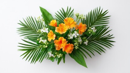 Obraz premium Vibrant Floral Arrangement with Orange Blooms and Green Foliage on White Background for Spring or Summer Decor