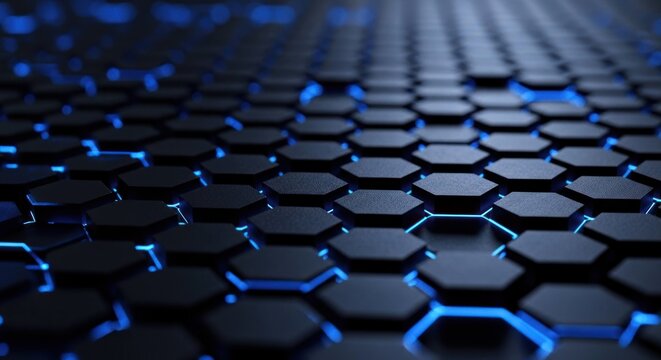 Hex grid Dark hexagons with glowing blue edges, receding into defocus