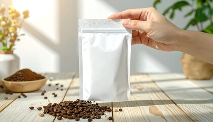 Hand holding a blank white pouch of coffee beans for branding and packaging mockup with scattered beans