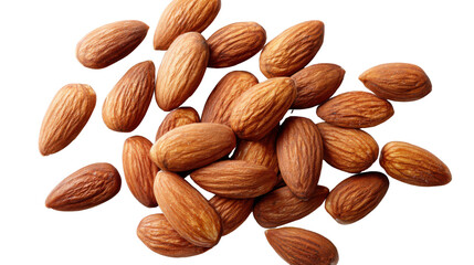 Fototapeta premium Top view of raw whole almonds scattered in natural arrangement showcasing rich texture organic surface and nutritious food elements on white background