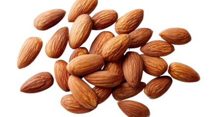 Top view of raw whole almonds scattered in natural arrangement showcasing rich texture organic surface and nutritious food elements on white background