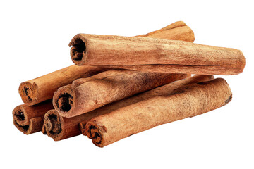 Closeup of dry brown aromatic cinnamon sticks, an isolated natural dessert spice ingredient