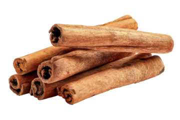 Closeup of dry brown aromatic cinnamon sticks, an isolated natural dessert spice ingredient