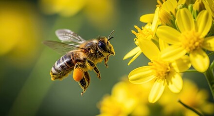 Honeybee flying toward bright yellow flowers, pollen visible in pouches