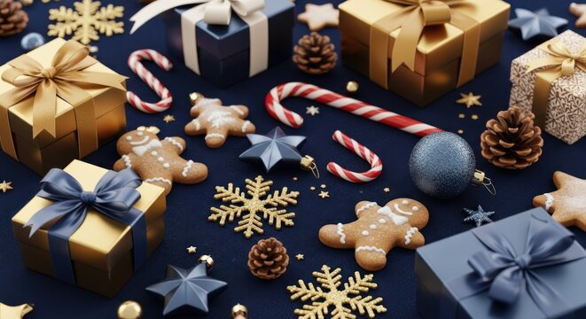 Holiday gifts, gingerbread cookies, and decorations on a deep blue surface