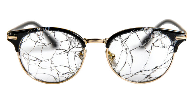 Closeup of broken vintage eyeglasses with shattered cracked lenses and classic frame design emphasizing damage repair and fragile objects on white background