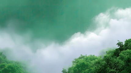 Ethereal landscape showcasing lush greenery contrasted with misty clouds in a serene atmosphere, ideal for nature and tranquility themes in visuals