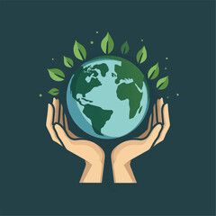 Human hands carefully holding the green planet Earth with leaves.