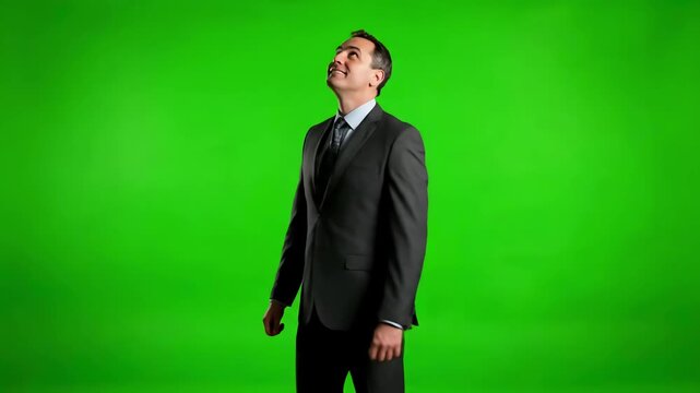 Green Screen fascinated and impressed business man looking up around turning shopping sales full length on chroma key background scene 2 with distortion, overlay, glitch, static noise, scan lines