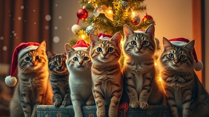 Adorable group of festive tabby cats wearing Santa hats, gathered together in front of a glowing Christmas tree, creating a warm and charming holiday scene full of coziness and playful cheer.