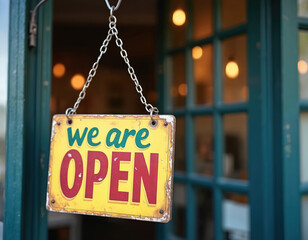 Vintage open sign hangs on shop glass door. Retro yellow signboard welcomes customers to store cafe restaurant. Small business working, ready for service with welcoming message at front entrance.