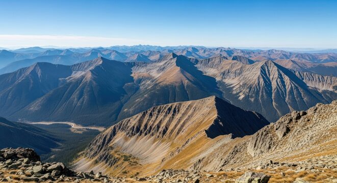 Layered mountain ranges under clear blue sky, view from rocky peak - Powered by Adobe
