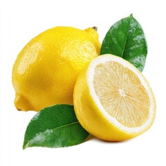 Two whole lemons and one half lemon, bright yellow, with fresh green leaves (1)