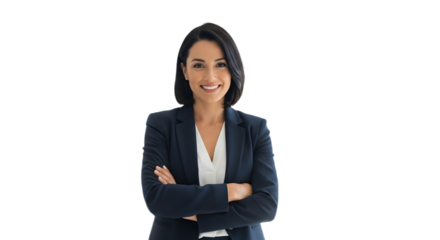 Professional woman in a blazer with arms crossed smiling confidently at the viewer on a black background