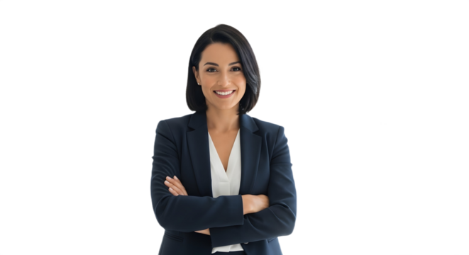 Professional woman in a blazer with arms crossed smiling confidently at the viewer on a black background