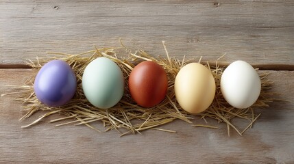 Colorful Decorative Eggs Arranged on Natural Straw Background for Easter Celebration, Spring Festivities, and Seasonal Decorative Themes