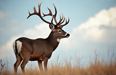 Majestic buck deer stands in dry grass under blue sky with clouds. Male white tail cervid shows large antlers, alert and watchful in its natural habitat during fall season.