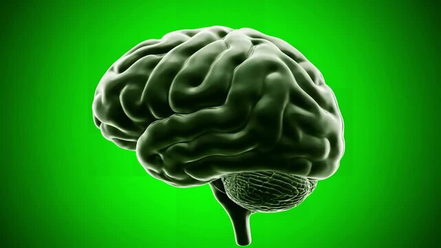 Green Screen human brain anatomical model 3d glossy on rotation animation 4k video scene 2 with distortion, overlay, glitch, static noise, scan lines black background, animated loop - Powered by Adobe