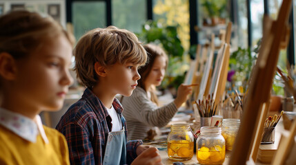 Art classroom easels with students painting fish still life, jars of brushes, natural light, creative education scene, with copy space