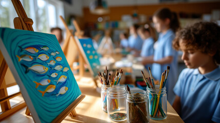 Art classroom easels with students painting fish still life, jars of brushes, natural light, creative education scene, with copy space