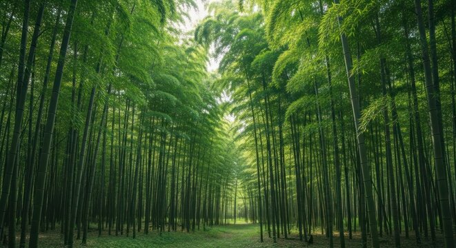 Lush bamboo forest with a path, vibrant green foliage and bright sky