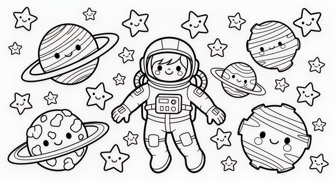 Cartoon astronaut floating among planets and stars
