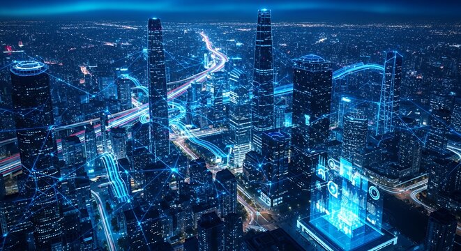 Futuristic city skyline at night with data overlay