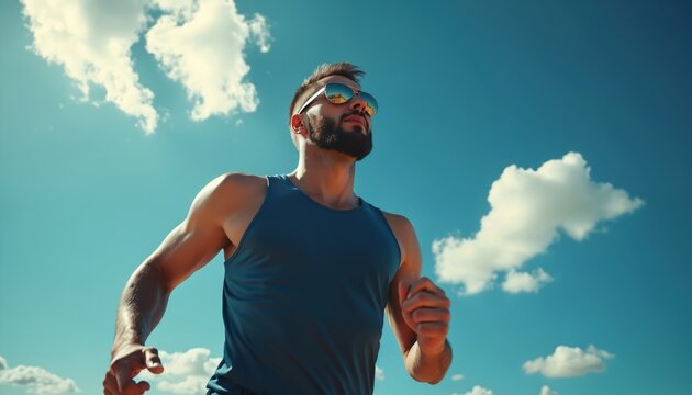 Young bearded man runs in blue tank top and sunglasses against blue sky with white clouds. Muscular male athlete jogs outside in sunny day. Activewear sporty guy exercising in summer.