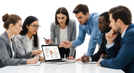 Group of business people collaborating around a laptop with a diagram on the screen at a table