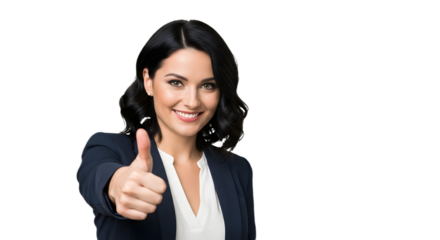 Smiling businesswoman with dark hair giving a thumbs up in a professional business suit attire