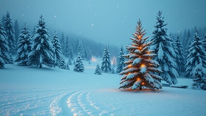 Peaceful winter landscape with snow-covered pine trees, soft snowfall, and a single glowing Christmas tree illuminating the serene, frosty forest at dusk.