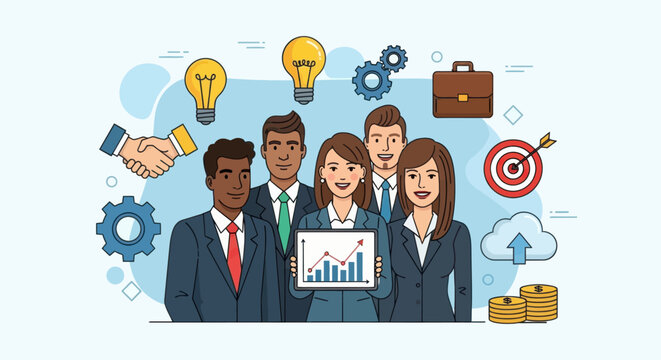 Collaborative teamwork and innovative business strategies illustration