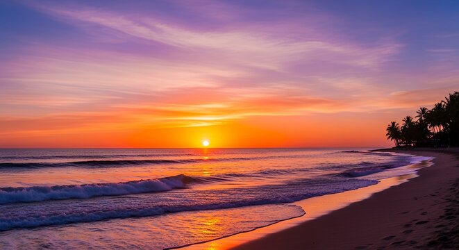 Vibrant sunset over the ocean with palm trees view