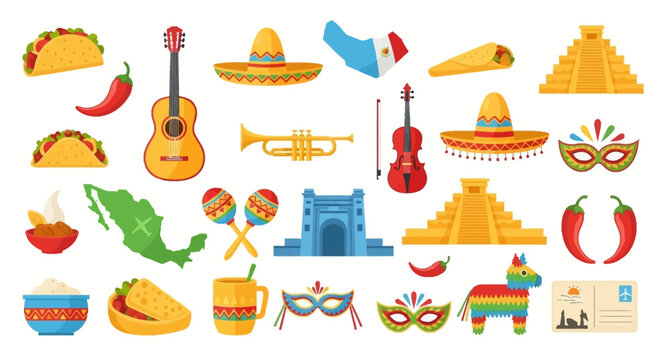Colorful Vector Illustrations of Mexican Culture Elements, Food, and Holiday Symbols