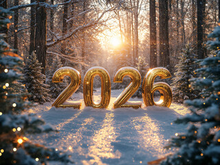 Golden 2026 Numbers in a Snowy Winter Forest with Sparkling Sunlight and Festive New Year Atmosphere