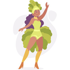 Joyful Woman In A Vibrant Green Carnival Costume Dancing Gracefully With Arms Extended And Purple Hair Against A Soft White Background