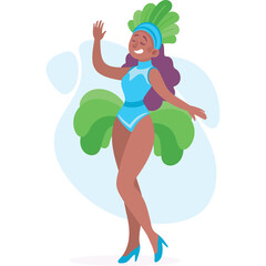 Joyful Woman in Vibrant Blue Samba Costume Adorned with Green Feathers Dancing Energetically with Arms Raised Against a Soft Blue Backdrop