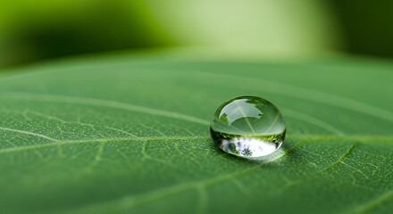 A water droplet resting on a vibrant green leaf