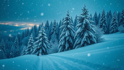 Peaceful winter landscape with snow-covered pine trees, soft snowfall, and a single glowing Christmas tree illuminating the serene, frosty forest at dusk.