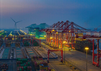 Night view of the cargo terminal of Tianjin Port from an aerial perspective