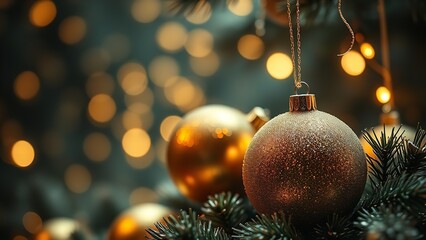 Golden Christmas ornaments hanging from a festive tree branch, glowing warmly against a soft background of twinkling holiday lights to create a cozy and magical seasonal atmosphere.