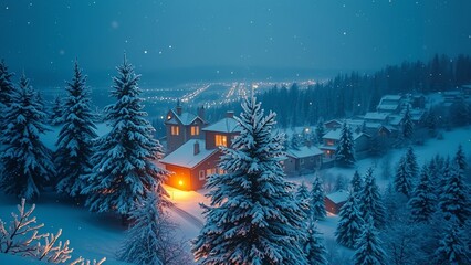 Peaceful winter landscape with snow-covered pine trees, soft snowfall, and a single glowing Christmas tree illuminating the serene, frosty forest at dusk.