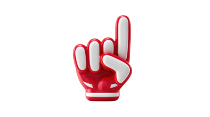 Red and white foam sports fan finger pointing upward symbolizing support celebration enthusiasm and athletic event spirit for promotional visuals on white background