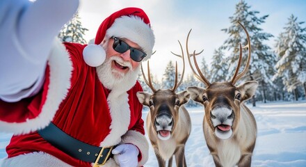 Santa Claus wearing black sunglasses takes a selfie with reindeer in snowy landscape  