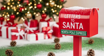 Red Santa mailbox with gifts and Christmas tree in holiday setting