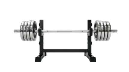 Heavy metal barbell loaded with multiple weight plates positioned securely on gym rack for strength training and professional fitness workouts on white background