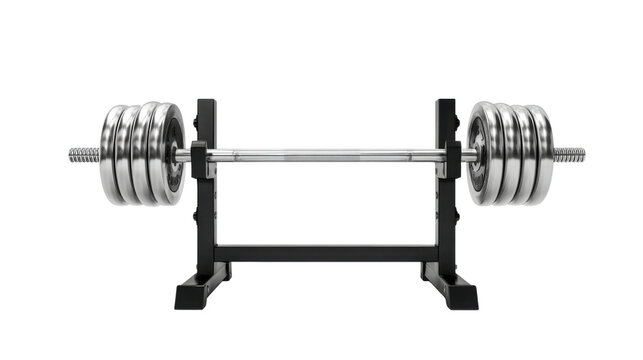 Heavy metal barbell loaded with multiple weight plates positioned securely on gym rack for strength training and professional fitness workouts on white background